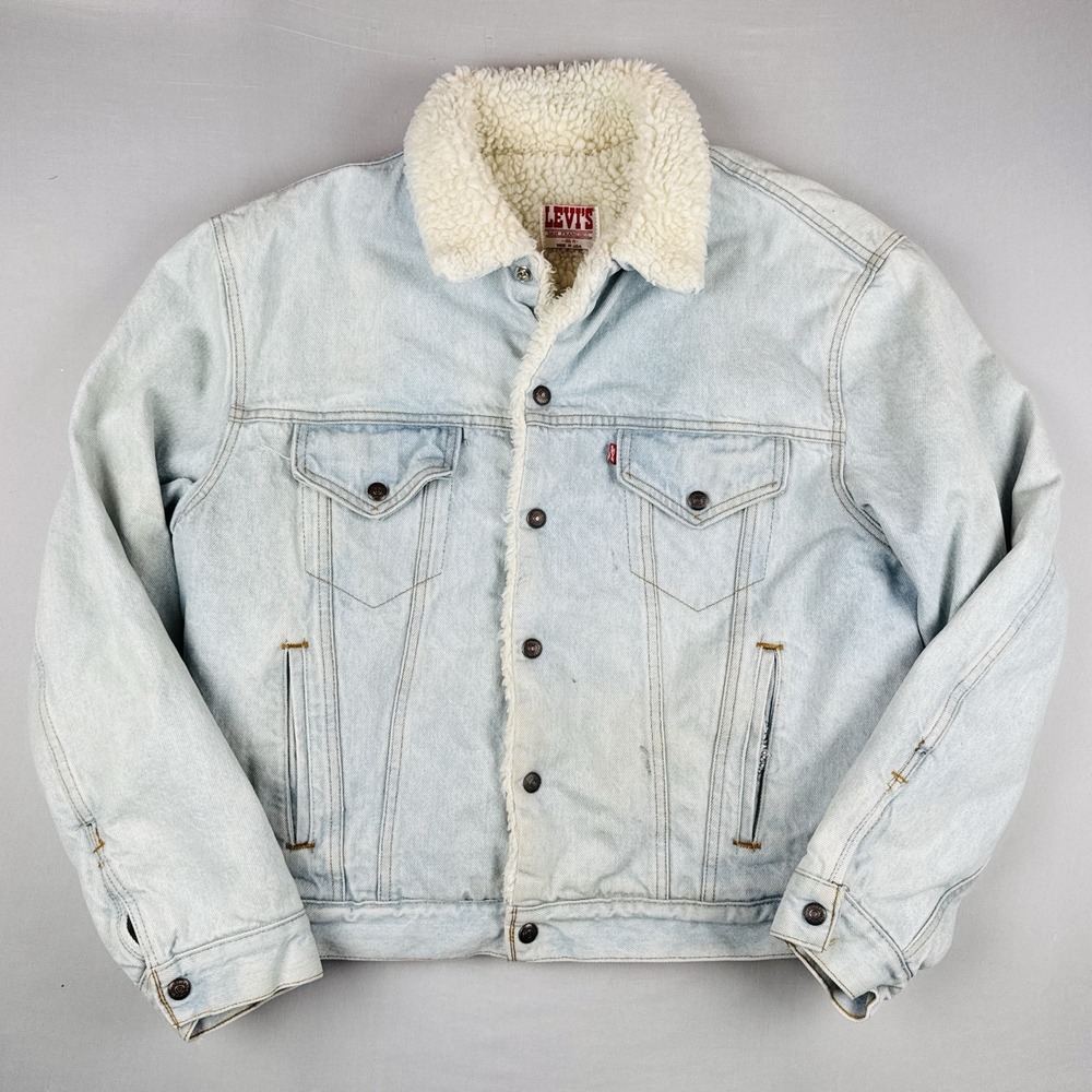 Vintage 80s Levi's Type III Trucker Jacket 46R Blue Denim Sherpa Lined USA Made